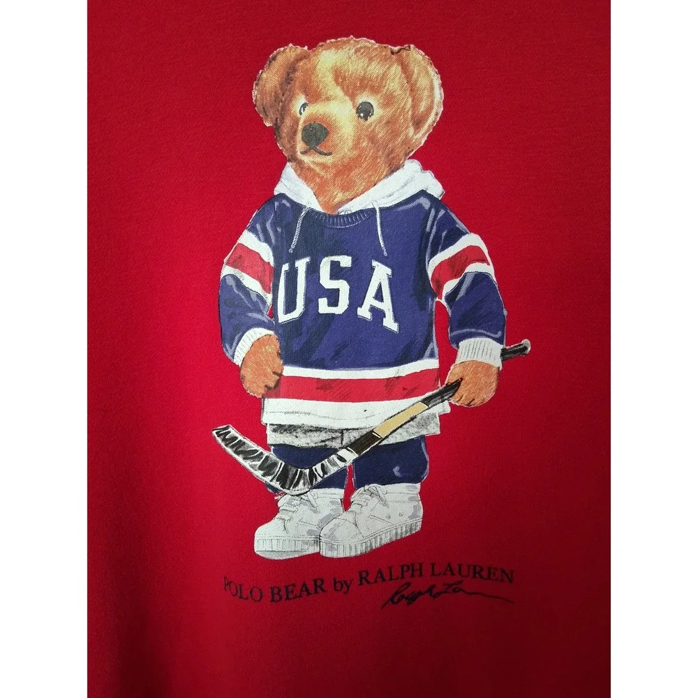 Polo Ralph Lauren Polo Bear USA Hockey Hoodie Red Mens 2XB Big & Tall Fleece - Picture 3 of 6